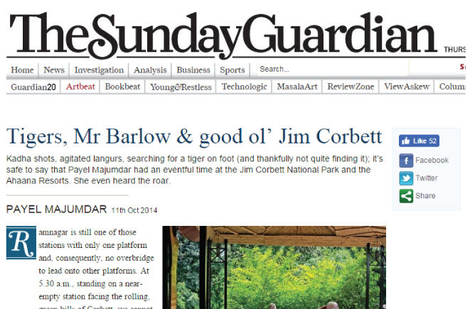 Sunday Guardian- Jim Corbett National Park and the Ahaana Resorts